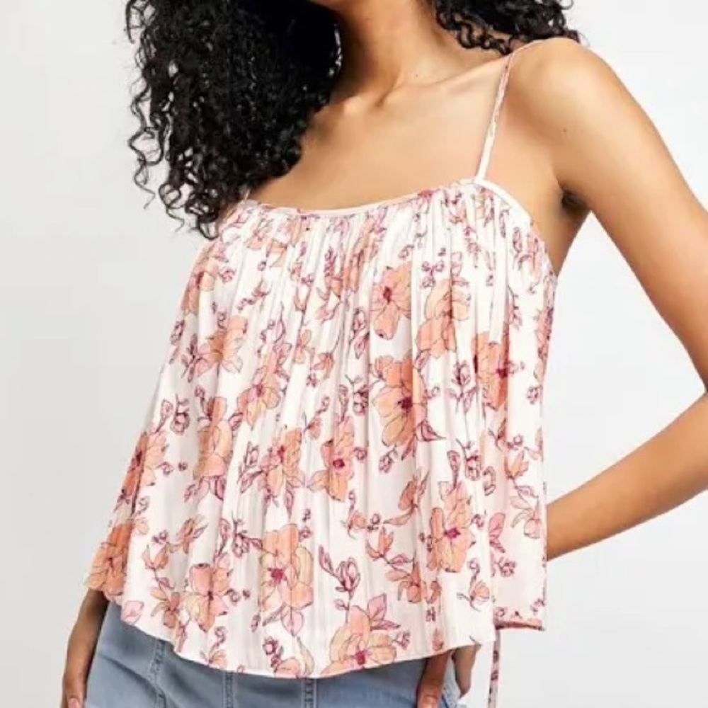 Free People White Floral Pleated Spaghetti Strap Blouse